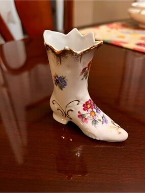 Porcelain Floral Boot Vase - White with Multi-Color Flowers